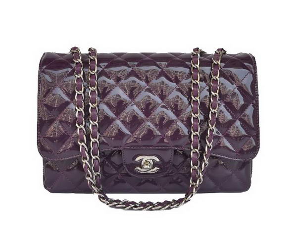 Best New Cheap Chanel A28600 Purple Patent Leather Classic Flap Bag Silver Replica